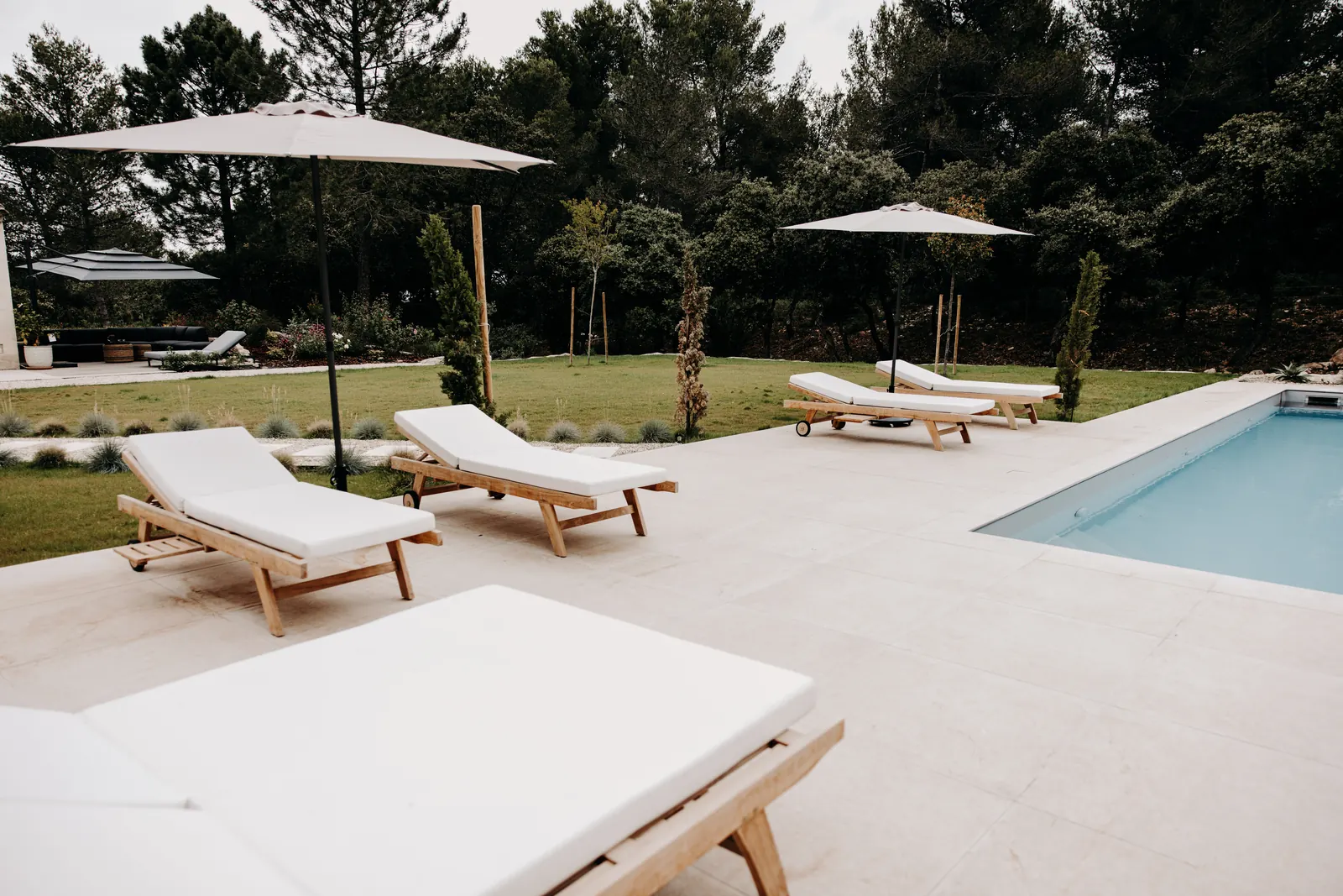 Transats et parasols au bord de la piscine, devant les pins